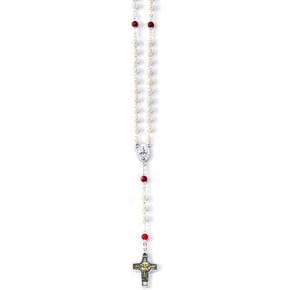 5mm Faux Pearl Rosary With Red Our Father Beads And Two Tone Cross