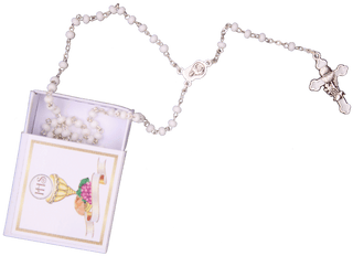White Glass Communion Rosary with Metal Parts 4mm Com. Box
