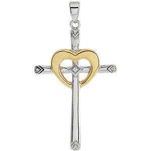 Sterling Silver & 10K Yellow .015 CTW Diamond Heart Cross Pendant