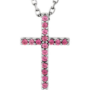 14K White Pink Tourmaline Cross 16" Necklace