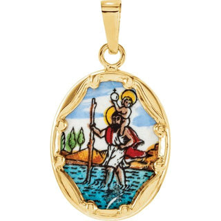 14K Yellow 17x13.5 mm St. Christopher Hand-Painted Porcelain Medal
