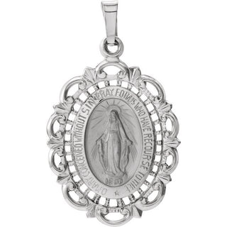 14K White 25x18 mm Oval Filigree Miraculous Medal