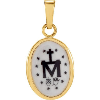14K Yellow 13x10 mm Oval Hand Painted Porcelain Miraculous Medal