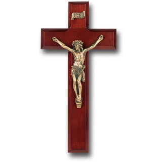 9" Dark Cherry Wood Cross With Museum Gold Corpus