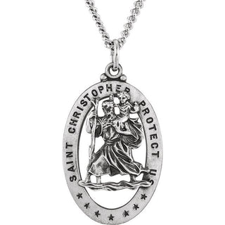 Sterling Silver 29x20 mm Oval Saint Christopher Medal 24" Necklace