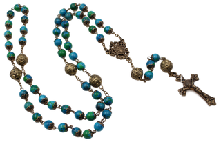 8mm Single Cap Bronze Rosary with Aqua Beads