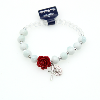 Turquoise and White Stretch Bracelet with Crystals and Red Rose Shaped Resin Bead 4-Pack