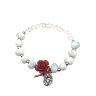 Turquoise and White Stretch Bracelet with Crystals and Red Rose Shaped Resin Bead 4-Pack