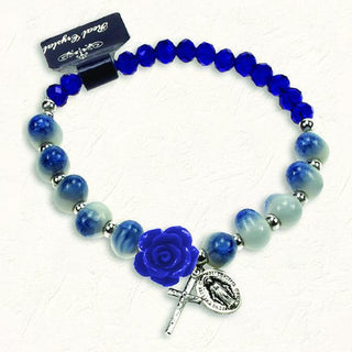 Blue and White Stretch Bracelet with Crystals and Blue Rose Shaped Resin Bead 4-pack