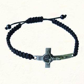 Black Slip knot bracelet with Antique Silver-tone St. Benedict Cross 4-pack