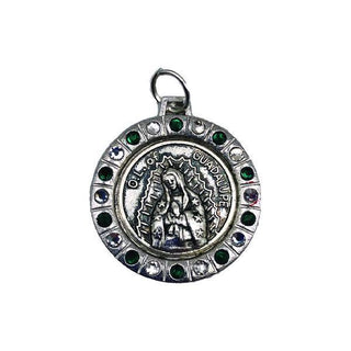Round Silver-tone Lady of Guadalupe Medal with Green/Clear Crystals 6-pack