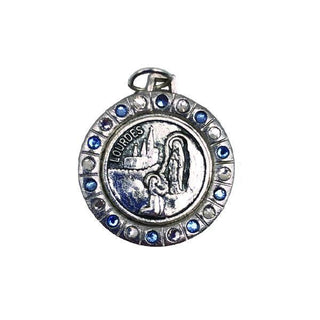 Round Silver-tone Lady of Lourdes Medal with Light Blue/Clear Crystals 6-pack