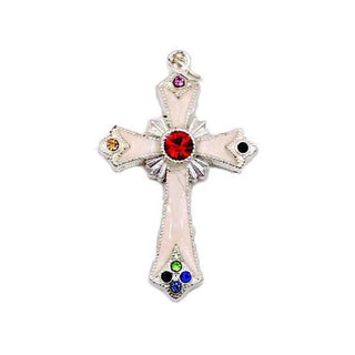 Silver-tone Pendant Cross with White Enamel and Multi-color Crystals 12-pack