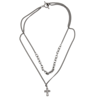 2 Strand Silver-Tone Chain Necklace with Cross