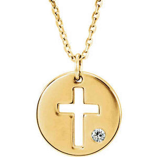 14K Gold .03 CTW Diamond Pierced Cross Disc 16-18" Necklace