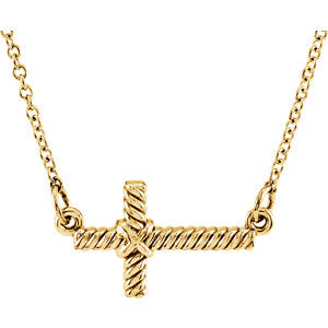 14K Gold 8.65x16 MM Sideways Rope Cross 16.5" Necklace