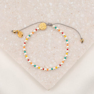 J.O.Y. Bracelet gold tone St. Benedict medal with crystal pearls and multi-colored beads