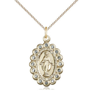 14kt Gold Miraculous Medal with Aqua Swarovski stones