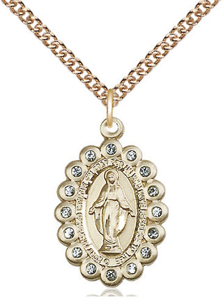 14kt Gold Miraculous Medal with Aqua Swarovski stones