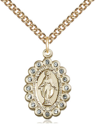14kt Gold Miraculous Medal with Aqua Swarovski stones