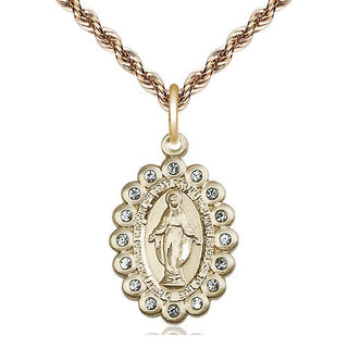 14kt Gold Miraculous Medal with Aqua Swarovski stones