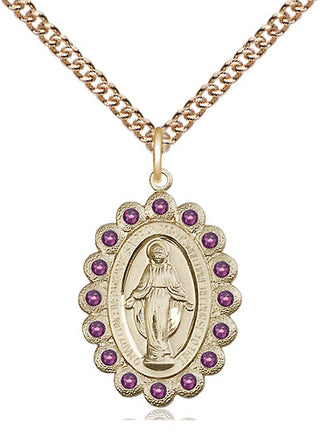 14kt Gold Miraculous Medal with Amethyst Swarovski stones
