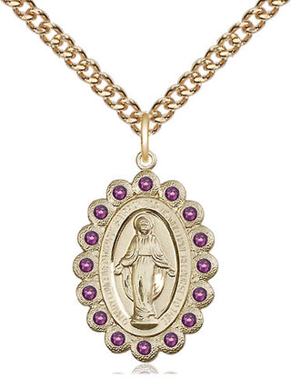 14kt Gold Miraculous Medal with Amethyst Swarovski stones