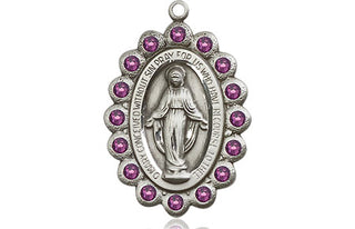Pewter Miraculous Medal with Amethyst Swarovski stones
