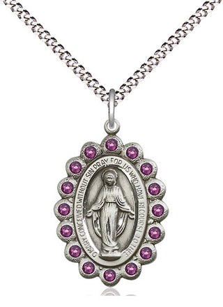 Pewter Miraculous Medal with Amethyst Swarovski stones Religious Jewelry