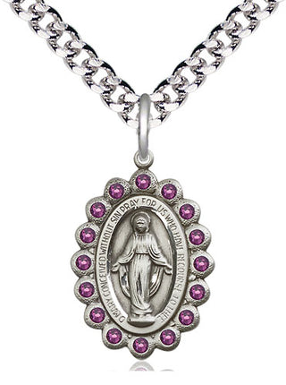 Pewter Miraculous Medal with Amethyst Swarovski stones Religious Jewelry
