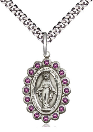 Pewter Miraculous Medal with Amethyst Swarovski stones Religious Jewelry