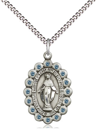 Pewter Miraculous Medal with Aqua Swarovski stones Religious Jewelry