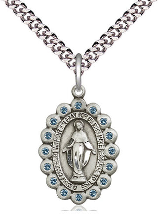Pewter Miraculous Medal with Aqua Swarovski stones Religious Jewelry