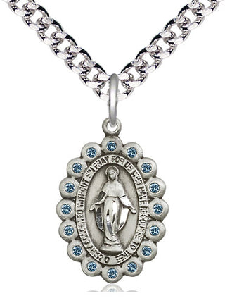 Pewter Miraculous Medal with Aqua Swarovski stones Religious Jewelry
