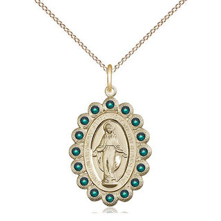 14kt Gold Miraculous Medal with Emerald Swarovski stones