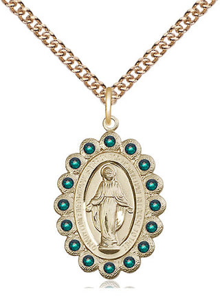 14kt Gold Miraculous Medal with Emerald Swarovski stones