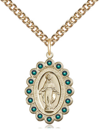 14kt Gold Miraculous Medal with Emerald Swarovski stones