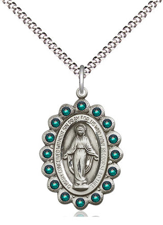 Pewter Miraculous Medal with Emerald Swarovski stones Religious Jewelry