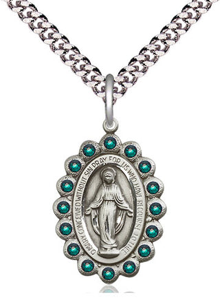 Pewter Miraculous Medal with Emerald Swarovski stones Religious Jewelry