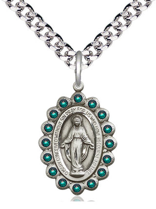 Pewter Miraculous Medal with Emerald Swarovski stones Religious Jewelry