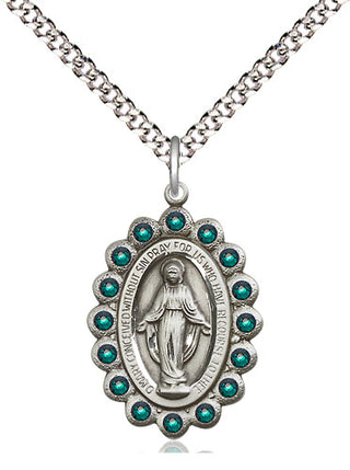 Pewter Miraculous Medal with Emerald Swarovski stones Religious Jewelry