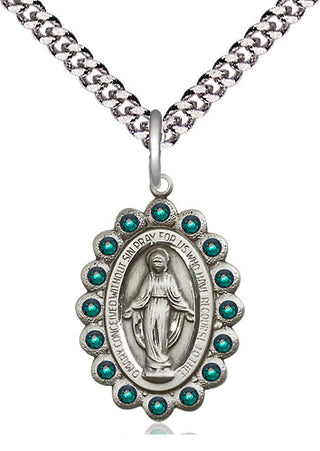 Pewter Miraculous Medal with Emerald Swarovski stones Religious Jewelry