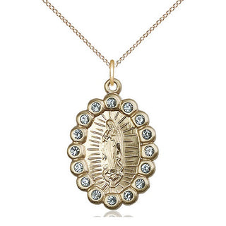 14kt Gold Our Lady of Guadalupe Medal with Aqua Swarovski stones