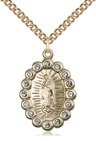 14kt Gold Our Lady of Guadalupe Medal with Aqua Swarovski stones