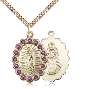 14kt Gold Our Lady of Guadalupe Medal with Amethyst Swarovski stones