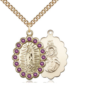 14kt Gold Our Lady of Guadalupe Medal with Amethyst Swarovski stones