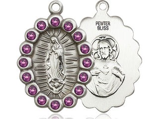 Pewter Our Lady of Guadalupe Medal with Amethyst Swarovski stones