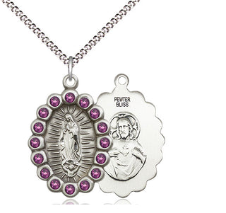 Pewter Our Lady of Guadalupe Medal with Amethyst Swarovski stones Religious Jewelry