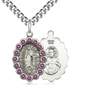 Pewter Our Lady of Guadalupe Medal with Amethyst Swarovski stones Religious Jewelry