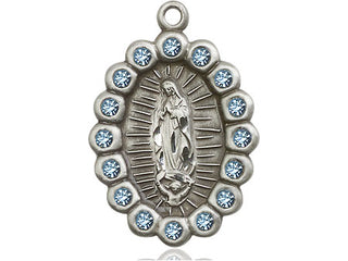 Pewter Our Lady of Guadalupe Medal with Aqua Swarovski stones
